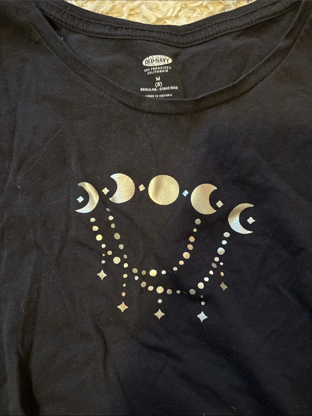 Homemade moon phases with stars on black old navy tee